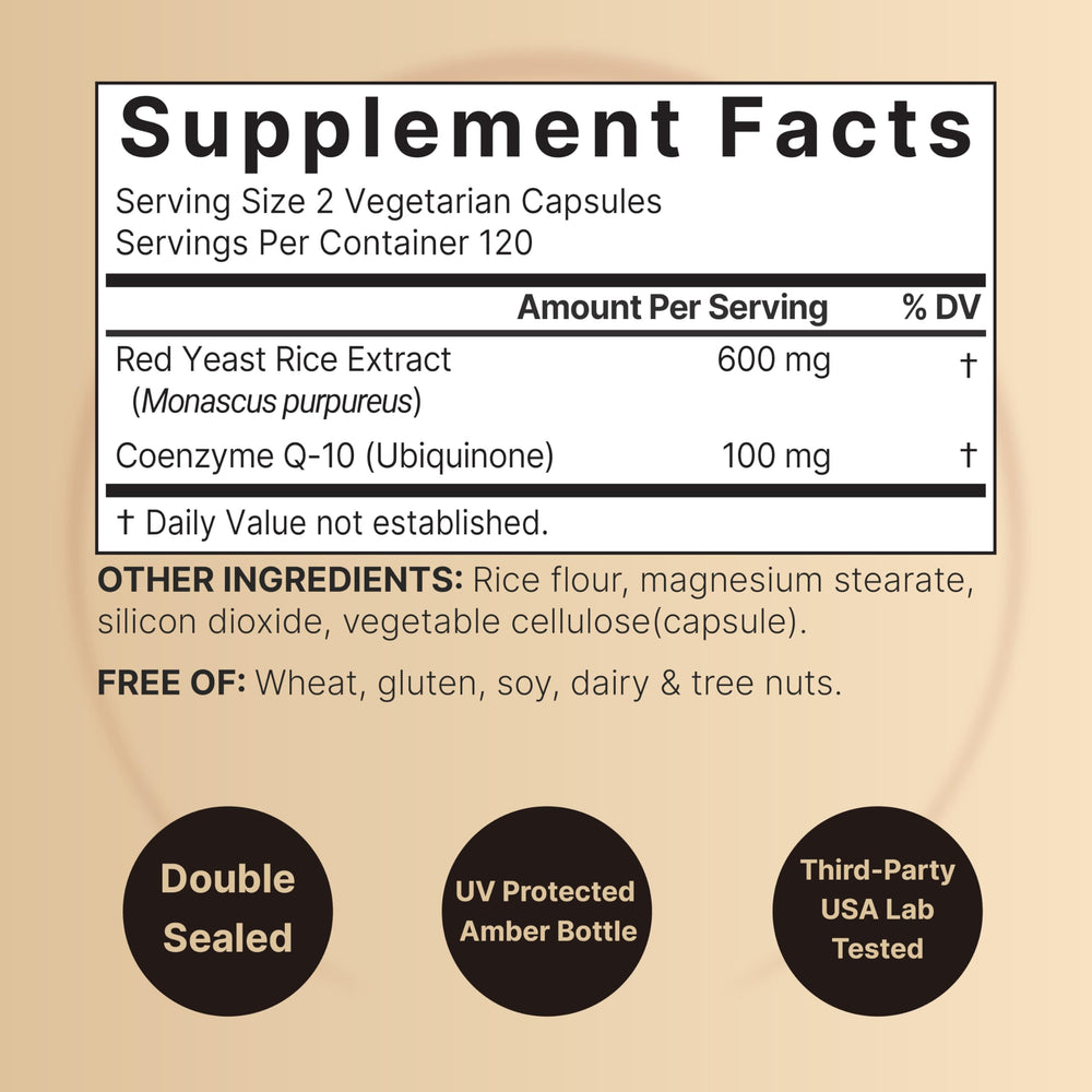 Front packaging of Red Yeast Rice with CoQ10 240 capsules with non-GMO label