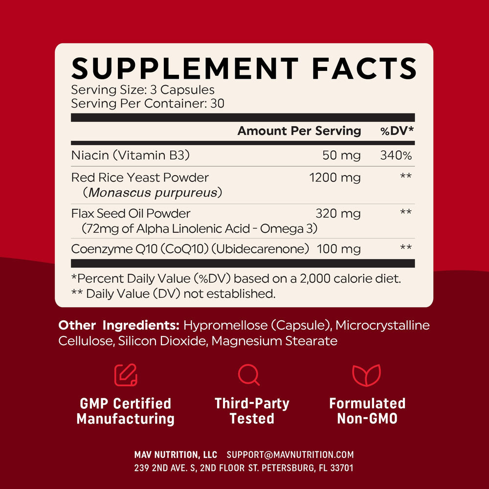 Bottle and capsules of Red Yeast Rice with CoQ10 and Omega-3