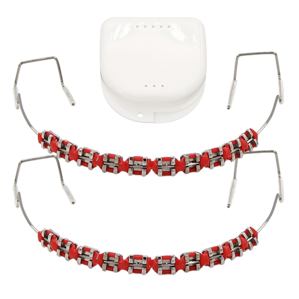 1 Pack Fake Braces red with metal wires and brackets – front view