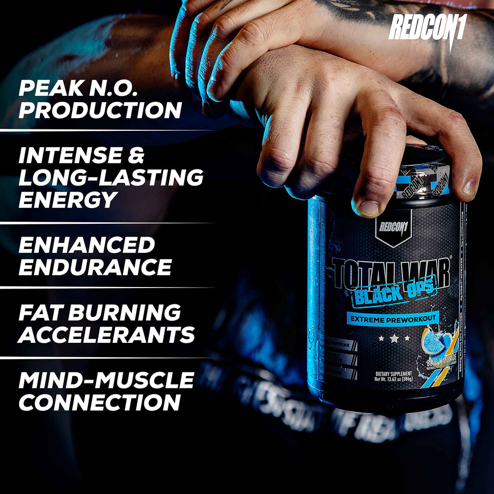 RedCon1 Total War Black Ops packaging visuals highlighting premium preworkout experience.