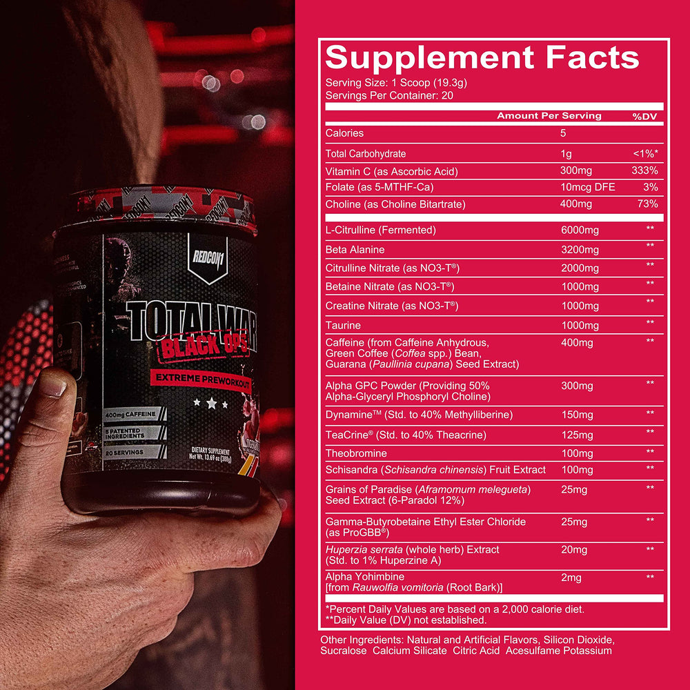 REDCON1 Total War Black Ops mixed in water to form a vibrant preworkout drink.