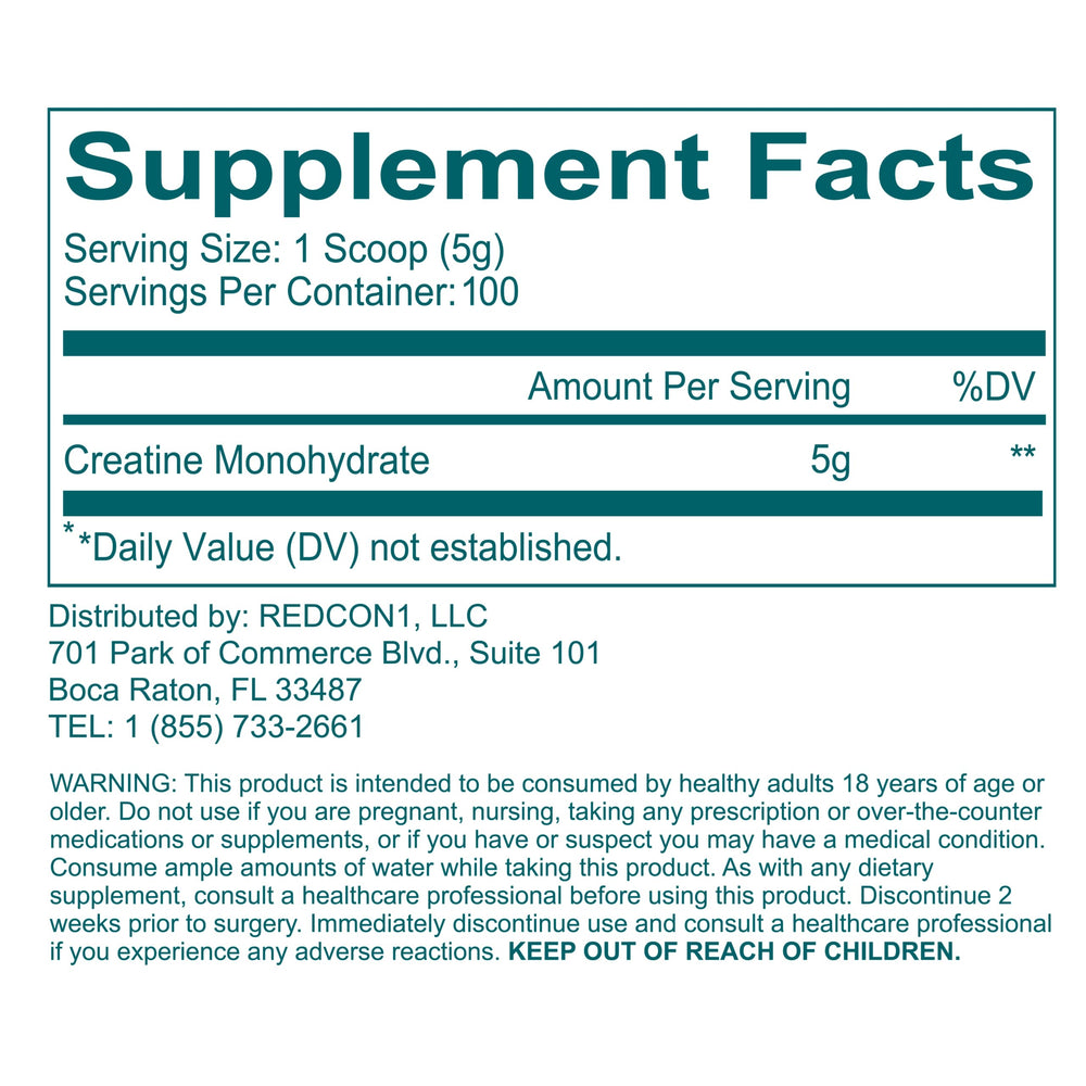 Back view of the REDCON1 Creatine Monohydrate bottle with label
