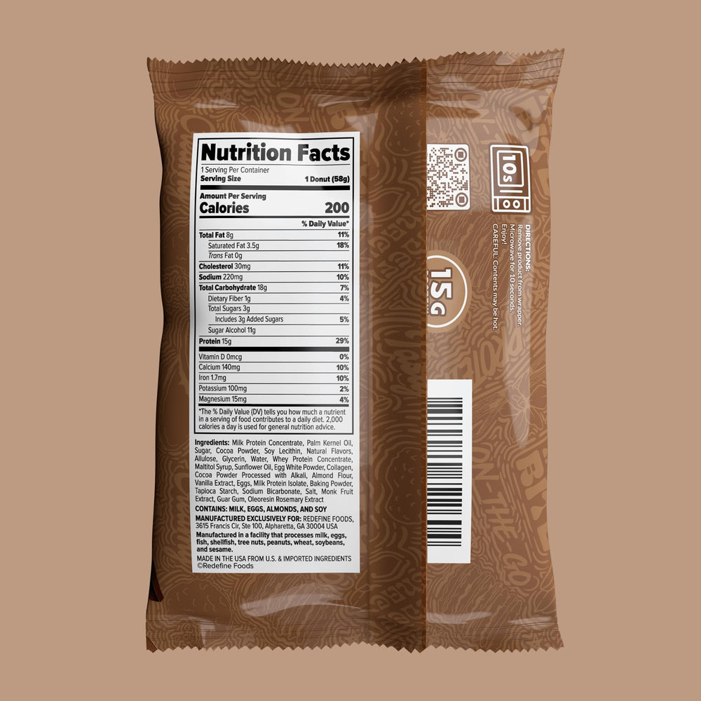 REDEFINE Chocolate Protein Donut hero-shot invites you to savor a chocolate-glazed protein pick-me-up.