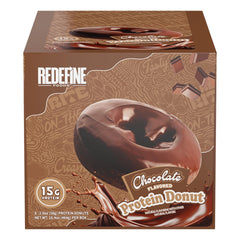 REDEFINE Chocolate Protein Donut packaging reveals clean ingredients for a quick, protein-rich snack.