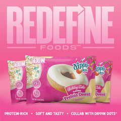 REDEFINE Dippin' Dots Protein Donut birthday cake serving image appeals as shareable treat