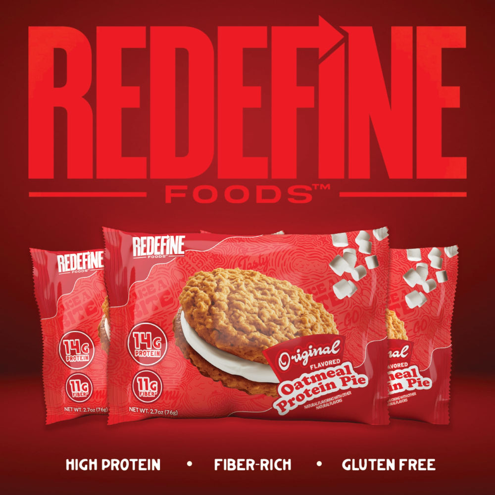 REDEFINE Oatmeal Protein Pie clean-ingredient badge signals non-GMO promise