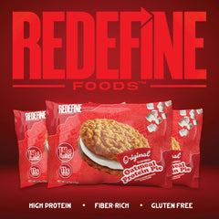 REDEFINE Oatmeal Protein Pie clean-ingredient badge signals non-GMO promise