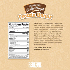REDEFINE protein donut front view highlights dense, chocolate chip cookie dough texture.
