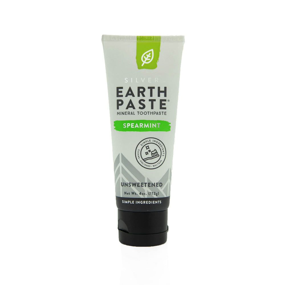 Front view of Redmond Earthpaste with Silver toothpaste tube, 4 oz unsweetened spearmint