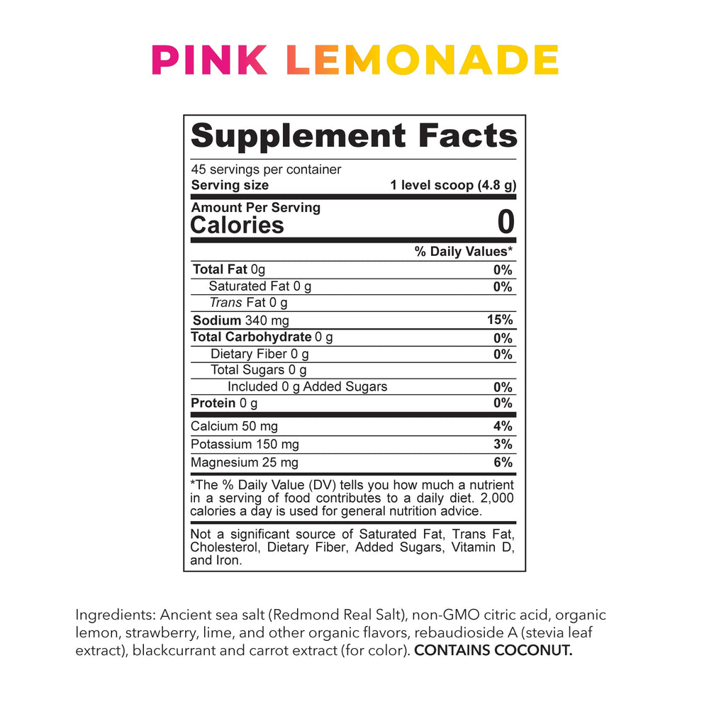 Nutrition facts label for REDMOND Re-Lyte Kids Pink Lemonade 7.62 oz