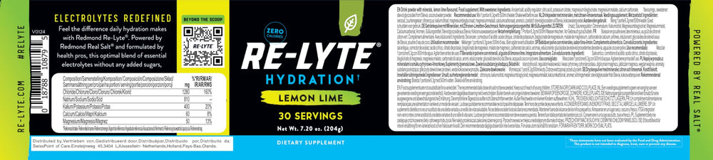 Close-up of ingredients on REDMOND Re-Lyte Lemon Lime label