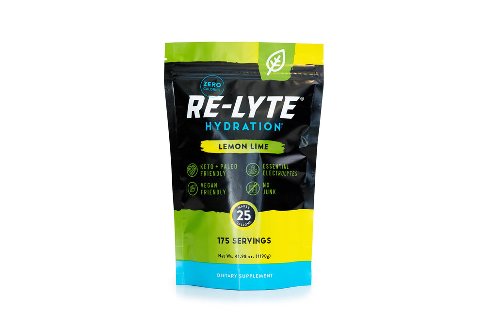 Redmond Re-Lyte lemon-lime powder bulk pouch for quick hydration during workouts.