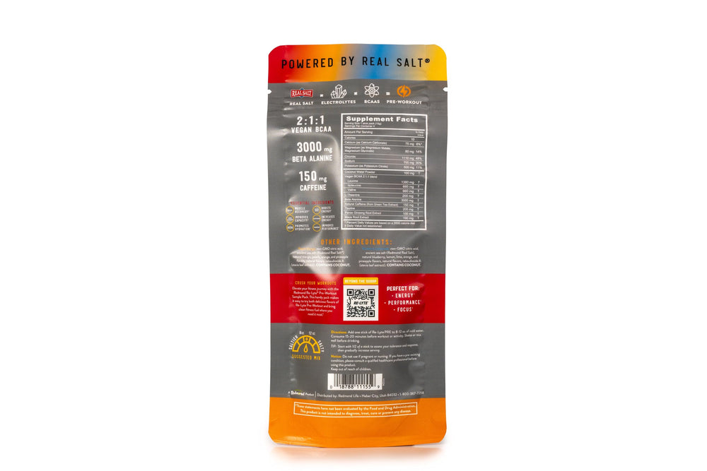Redmond Re-Lyte pre-workout sampler pack 4 sticks dissolving in glass for clean energy