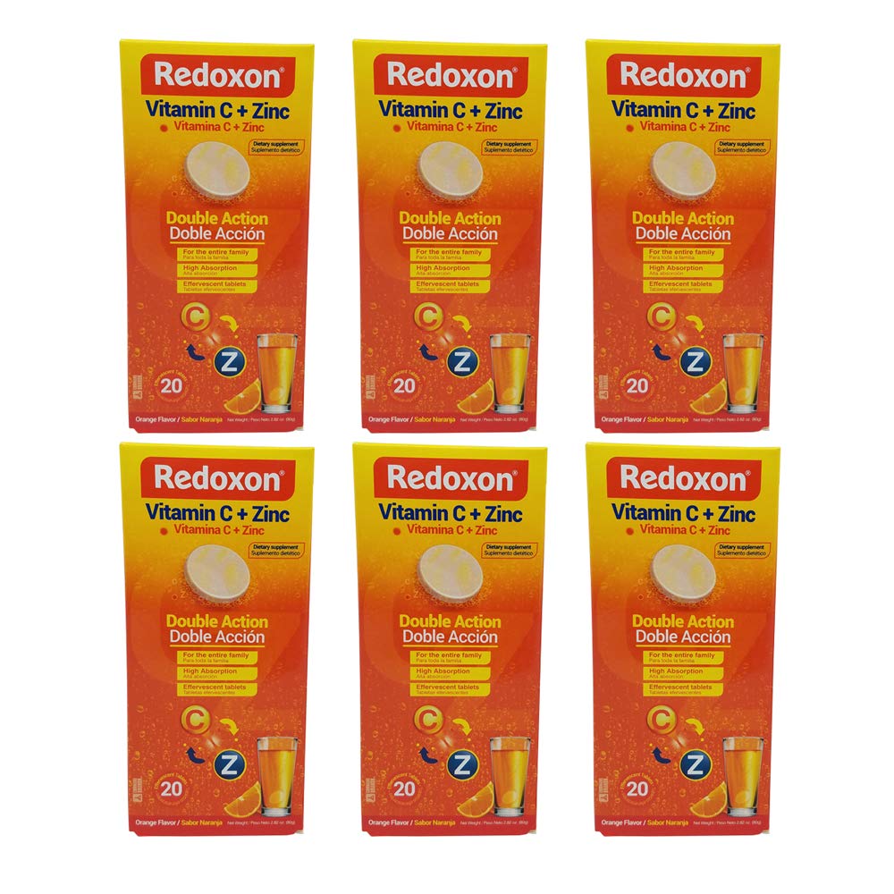 Front view of Redoxon Orange Effervescent Vitamin C with Zinc 20-tablet bottle in a six-pack