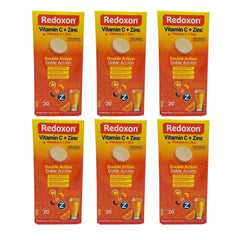 Front view of Redoxon Orange Effervescent Vitamin C with Zinc 20-tablet bottle in a six-pack