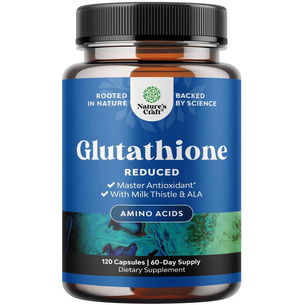 Product bottle labeled Reduced Glutathione with Milk Thistle 1000mg per serving