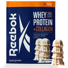 Reebok ReeBuild whey protein powder tub—muscle recovery and joint support.
