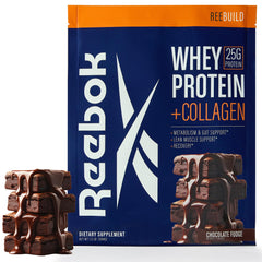 Reebok ReeBuild Chocolate Fudge bottle pour highlights quick post-workout protein mix for recovery.