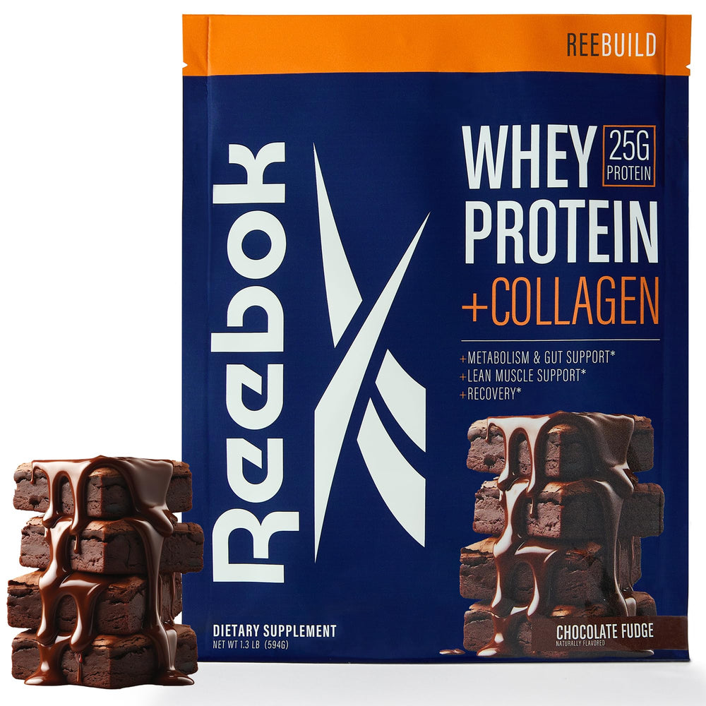 Reebok ReeBuild Chocolate Fudge Whey Protein Powder front view 1.3 lb