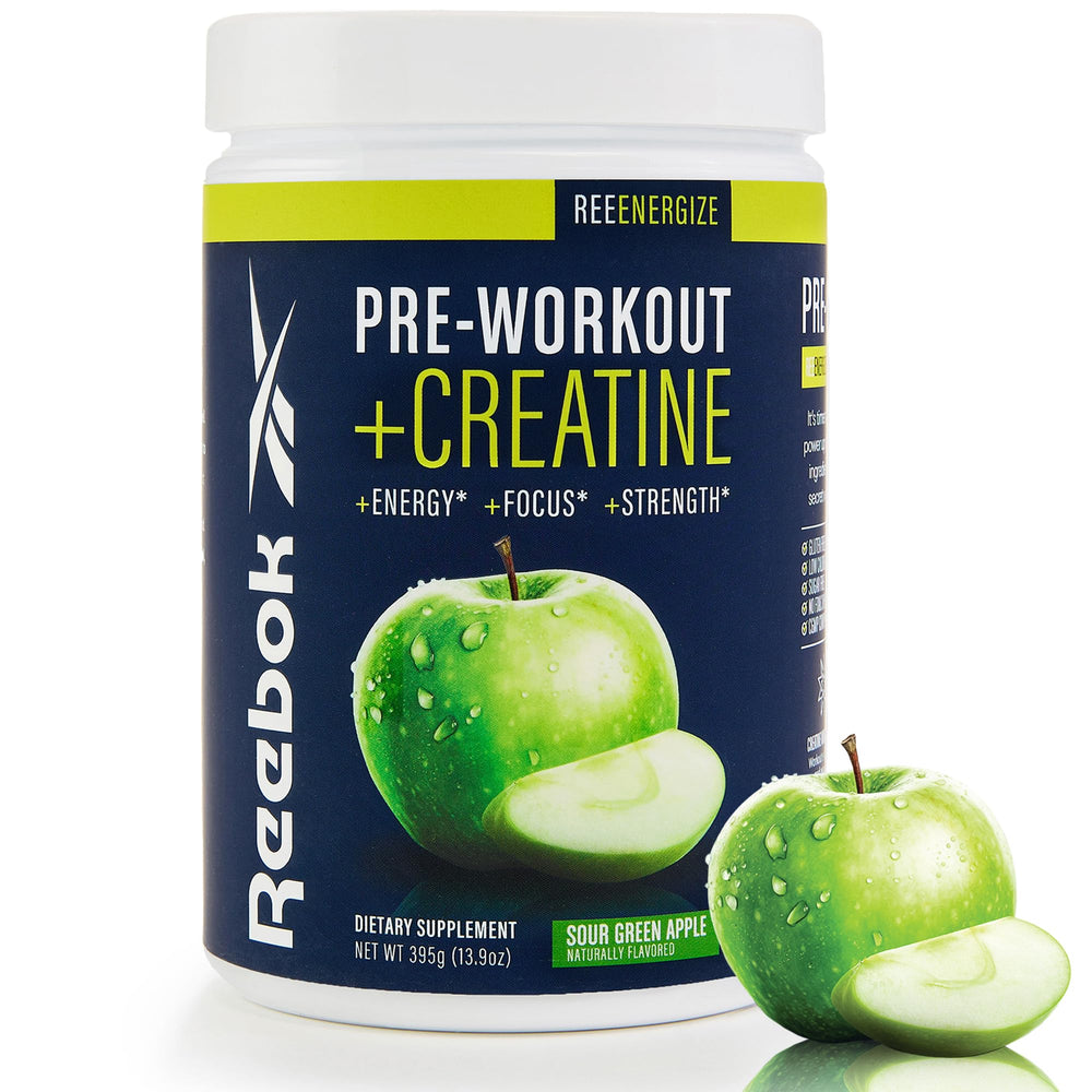 Reebok ReeEnergize sour green apple powder jar for a clean energy boost during workouts