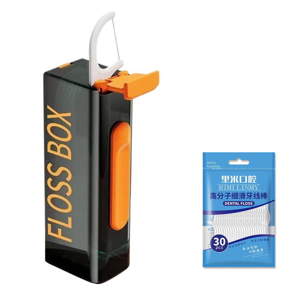 Refillable floss pick dispenser with built-in mirror