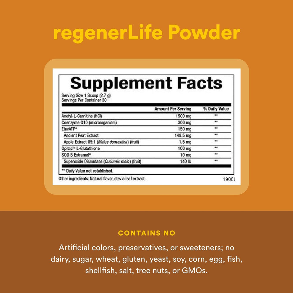 RegenerLife Non-GMO, gluten-free, dairy-free label