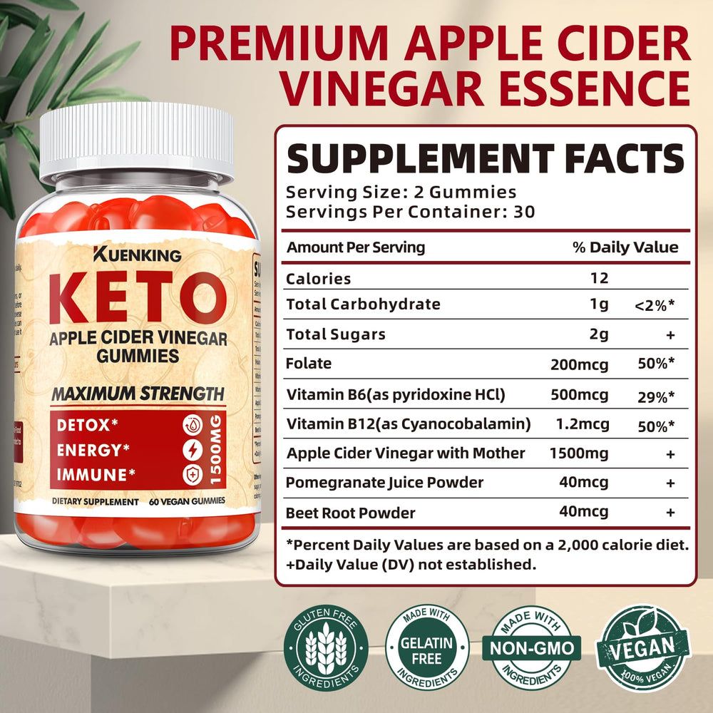 Regio Keto ACV Gummies ingredients panel showing vegan, non-GMO formula.