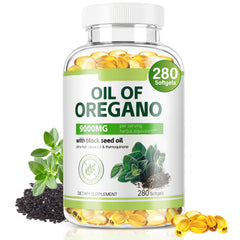 Bottle of Reguoa Oregano Oil with Black Seed Oil 9000mg and 280 capsules