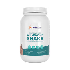 Reignite Wellness chocolate paleo shake bottle for quick dairy-free protein boost.
