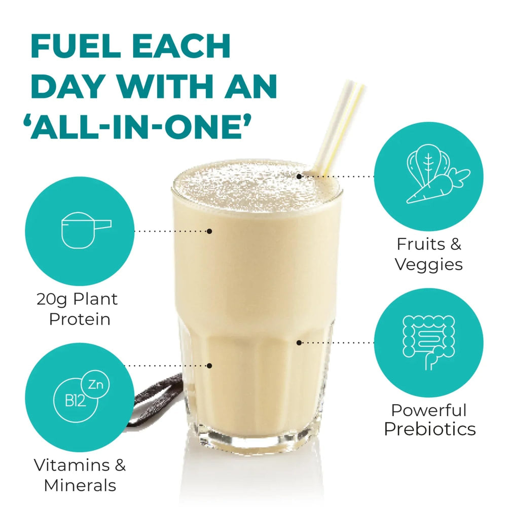 Reignite Wellness vanilla shake bottle held for on the go fueling.