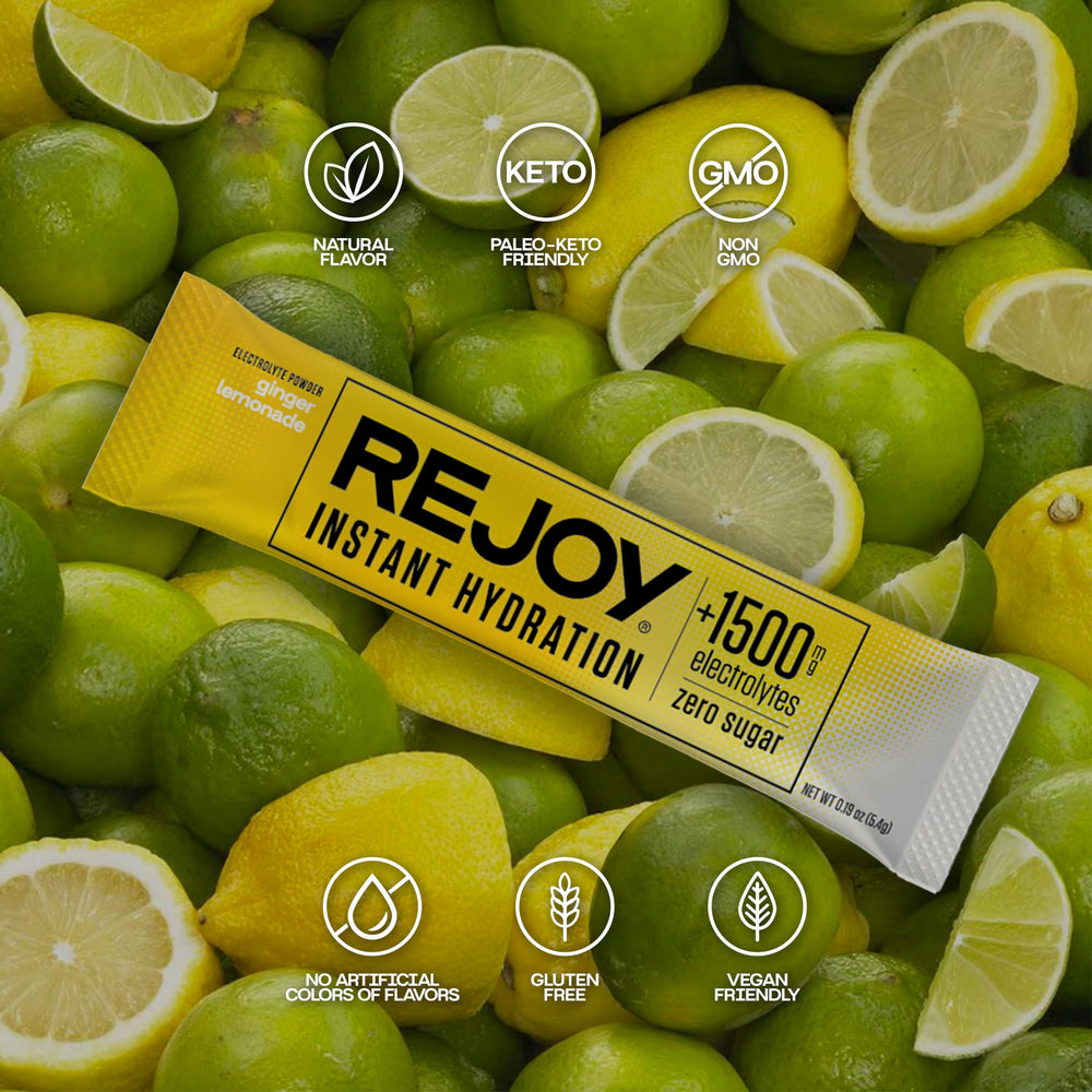 Box of Rejoy Ginger Lemonade electrolyte packets – 10 sticks