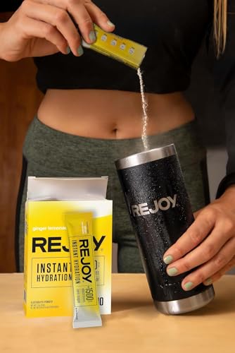 Pouring Rejoy powder into a glass of water