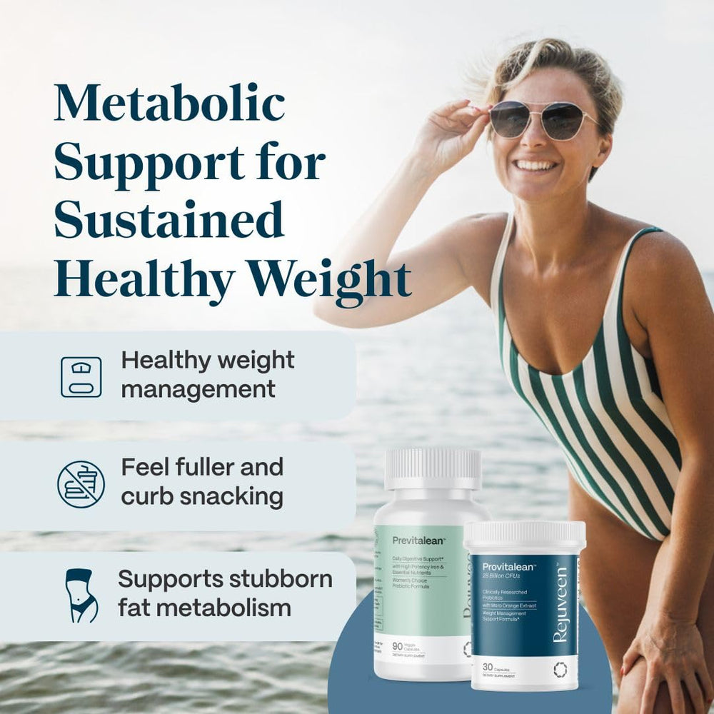 Rejuveen Previtalean prebiotic capsules bottle demonstrates fiber-forward fullness potential.