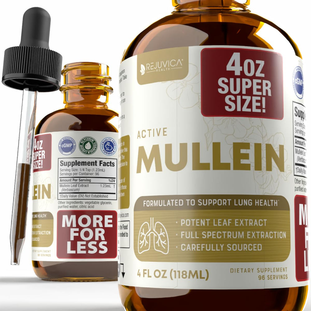 Label for Rejuvica Health Active Mullein 4oz XL bottle