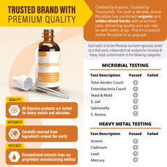 Rejuvica Health Rhodiola root extract highlights premium rosavins and plant integrity.