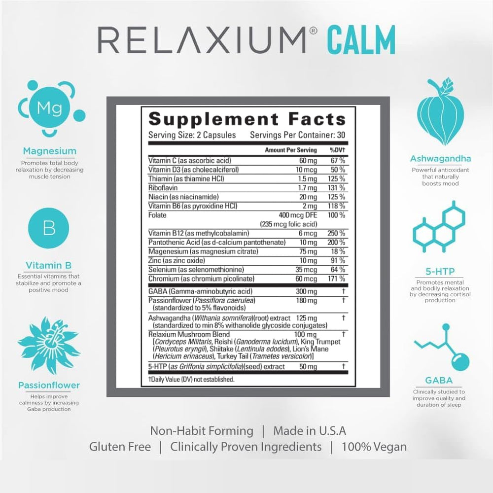 GABA supplement components alongside Relaxium Calm bottle