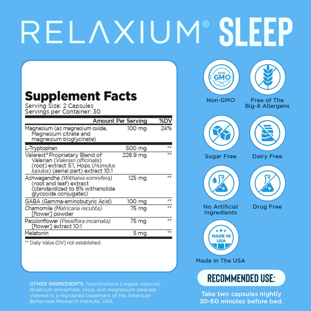 Relaxium Sleep Aid bottle placed on nightstand with glass of water