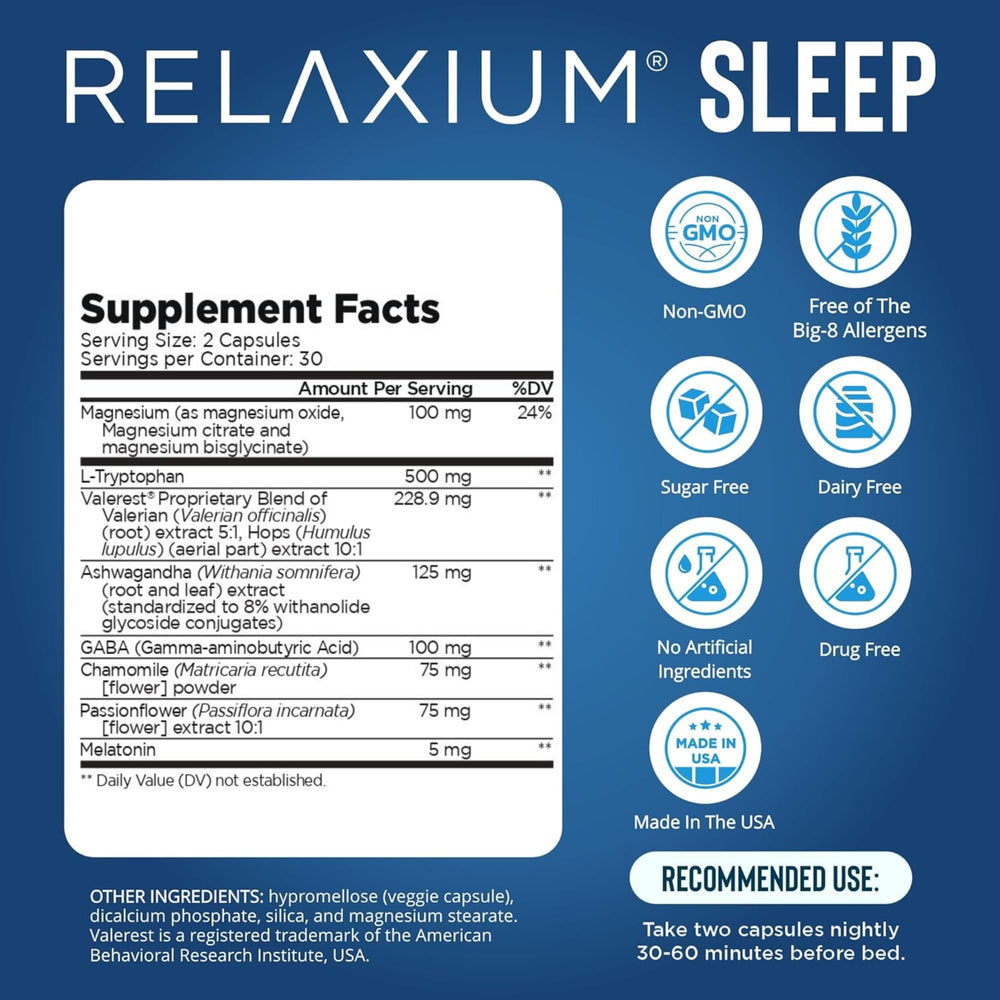 Relaxium Sleep Aid capsules displayed for easy nightly use.