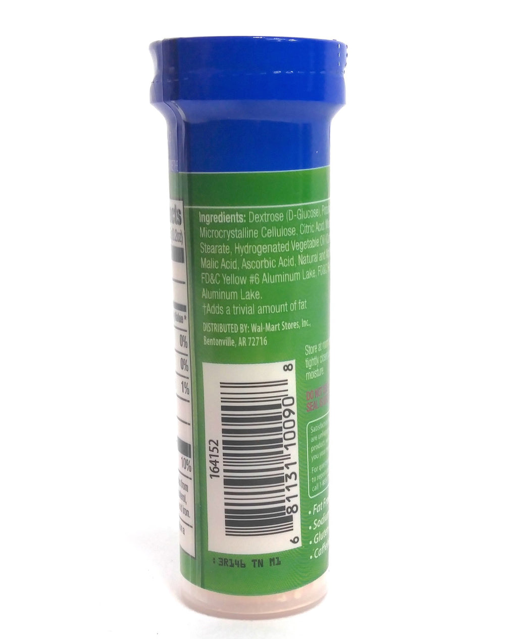 Close-up showing 4 g carbohydrates per tablet of ReliOn Tropical Fruit glucose tablets