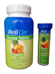 ReliOn Glucose Tablets Tropical Fruit flavor in On-The-Go Tube – front view
