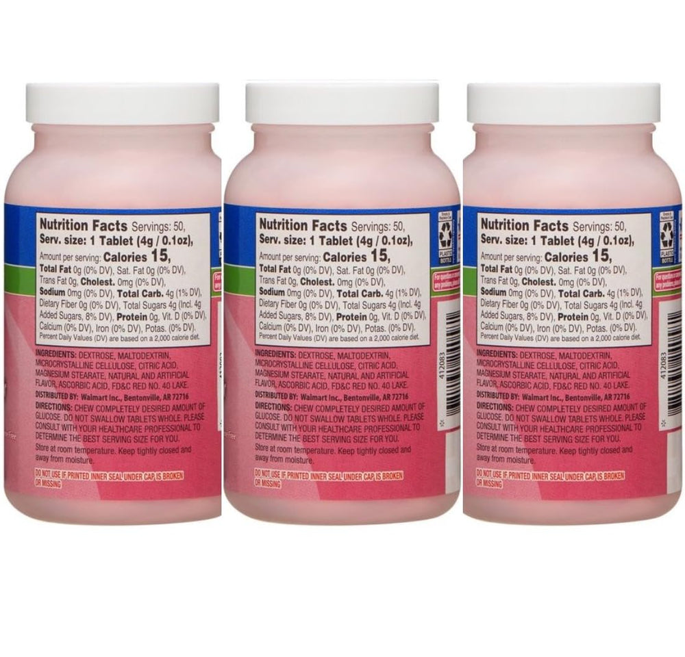 ReliOn glucose tablets fruit punch closeup showing quick-dissolving tablets for on-the-go use.