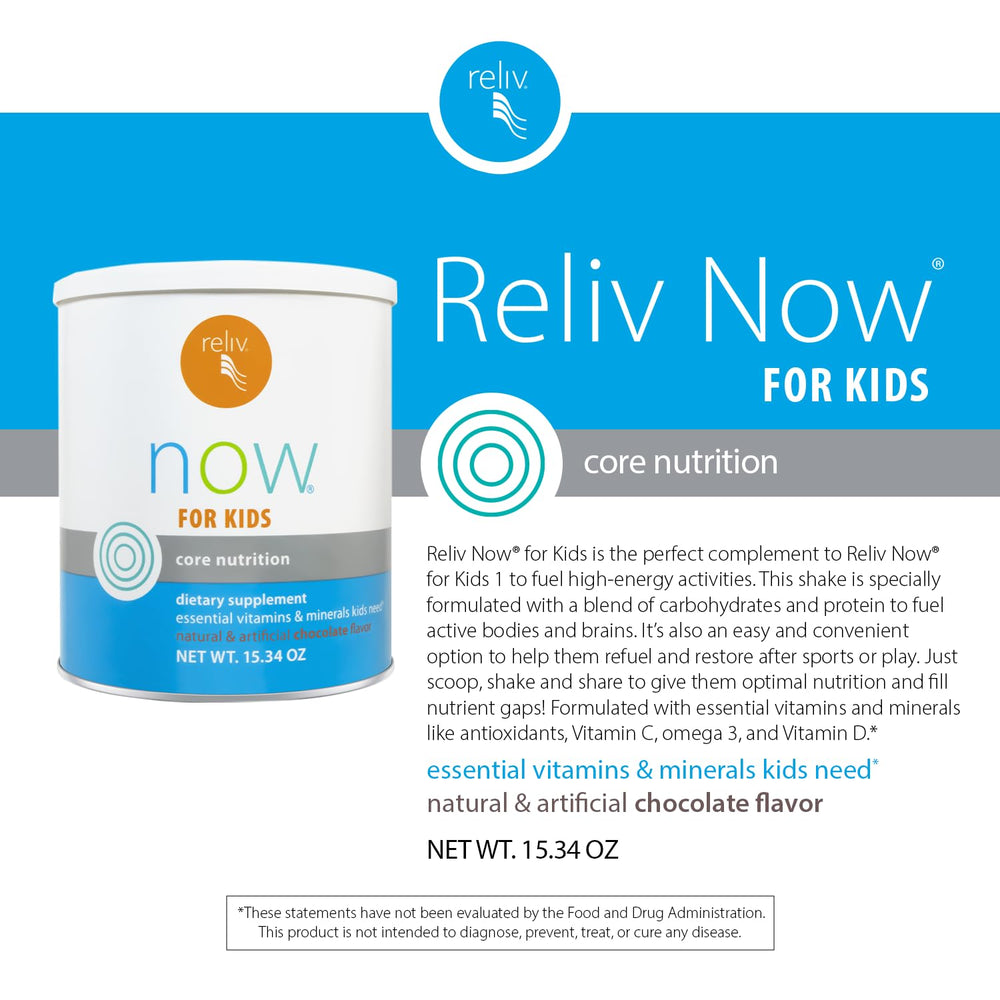 Reliv Now for Kids chocolate shake scoop tipping into glass