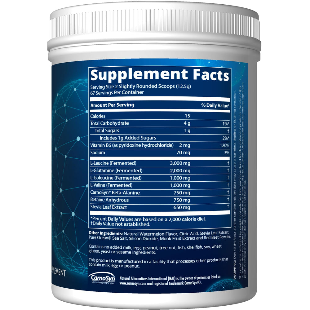 Front view of Reload BCAA+G Watermelon tub packaging