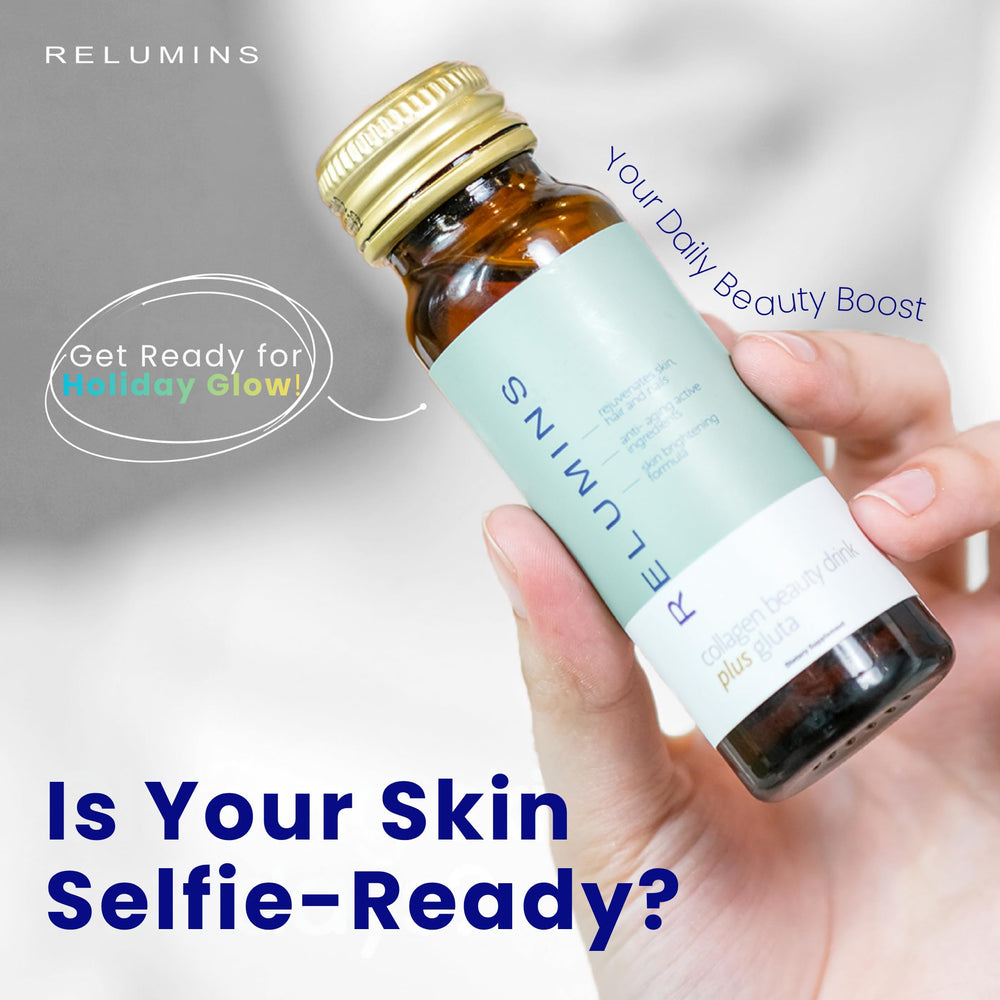 Close-up of Relumins bottle label and branding