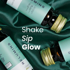 Person showcasing radiant skin with Relumins bottle