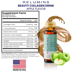 USA-made Relumins Apple flavor collagen drink bottle on white background