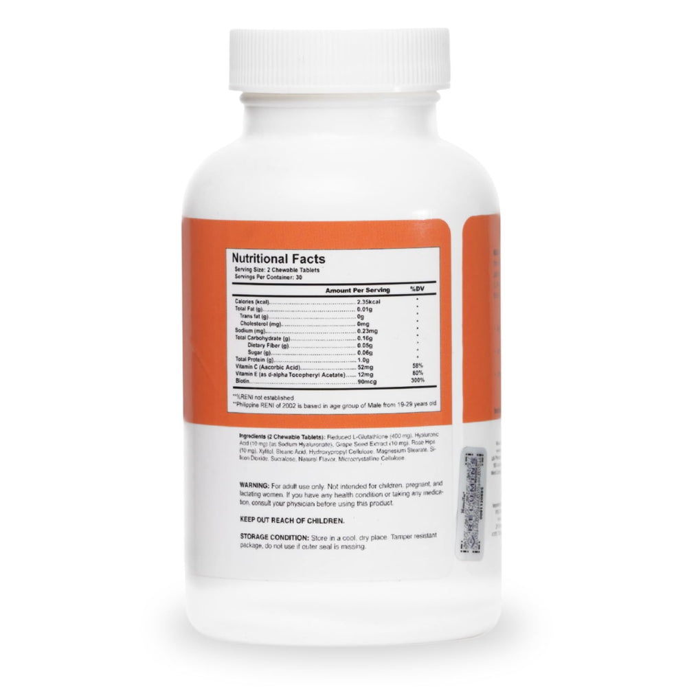 Back label of Relumins Gluta 500 chewable tablets