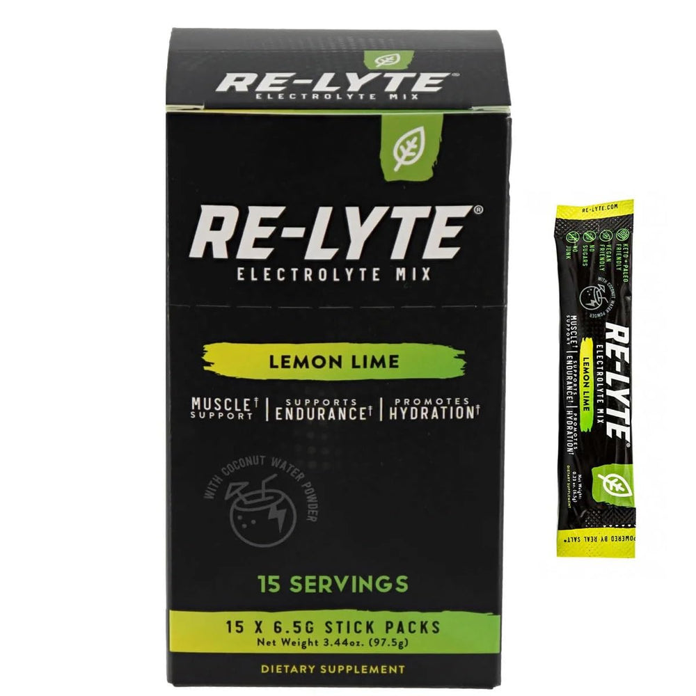 REL YTE Re-Lyte Lemon Lime glass with prepared drink after workout