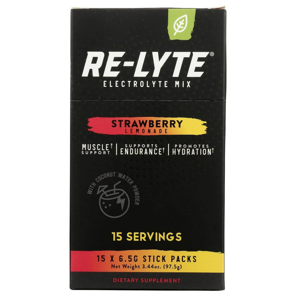 RELyte Re-Lyte electrolyte drink mix strawberry lemonade packets for convenient on-the-go hydration.