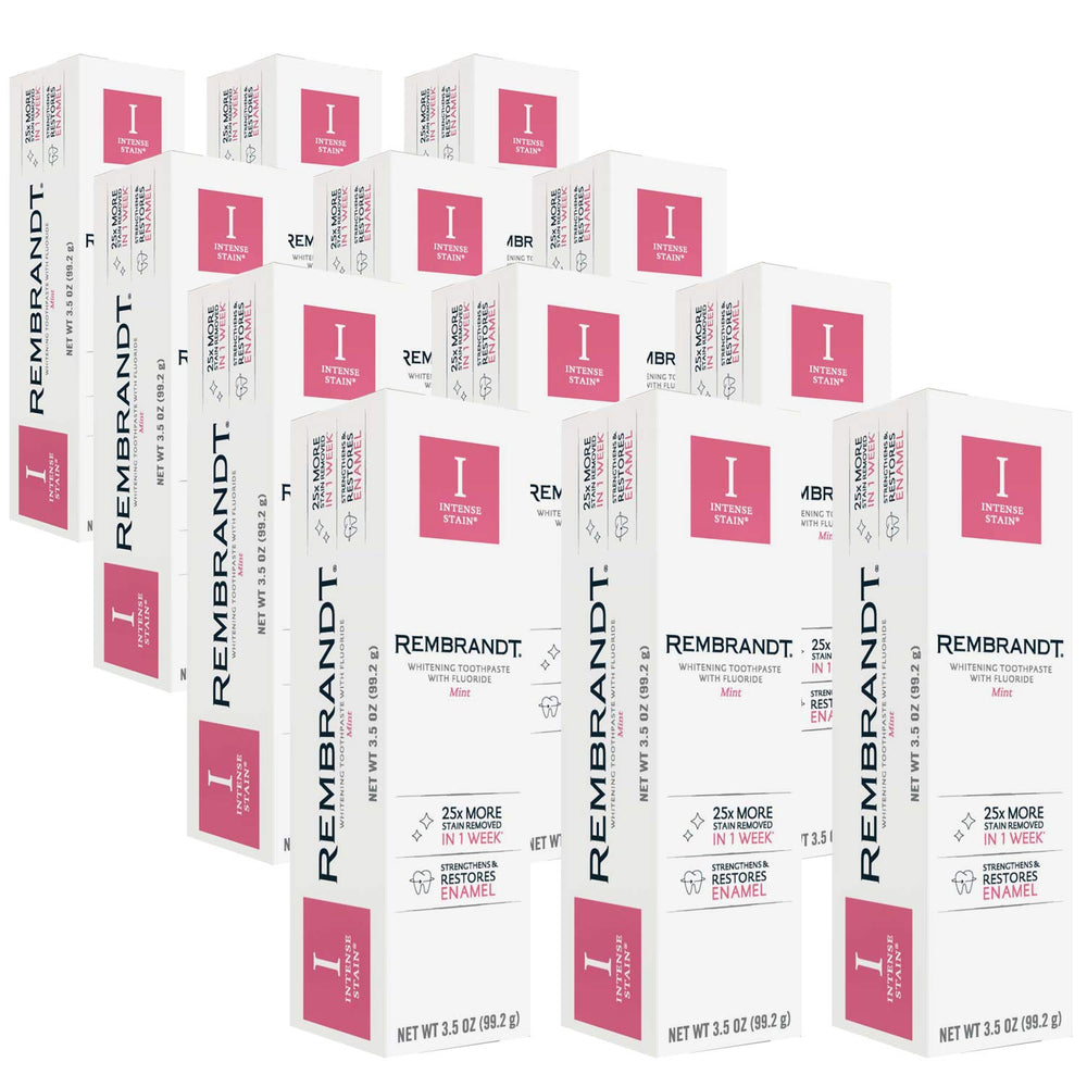 Front view of Rembrandt Intense Stain Whitening Toothpaste with Fluoride, mint flavor, 3.5 oz tube